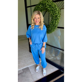 Rae Mode - French Terry Bubbled Half Sleeve Top & Cropped Jogger Pants Set 0111/6459 - Aqua Splash