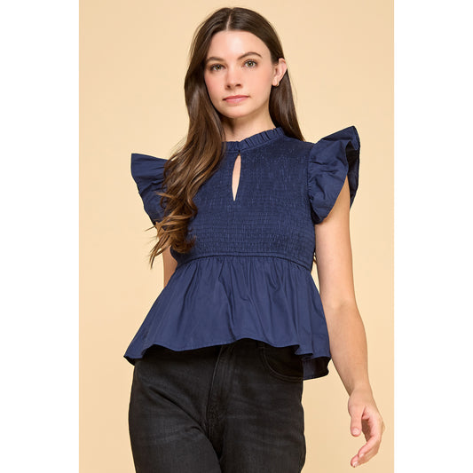 TCEC - Smocked Detail, Ruffled Neckline, Top 9558 - Navy..