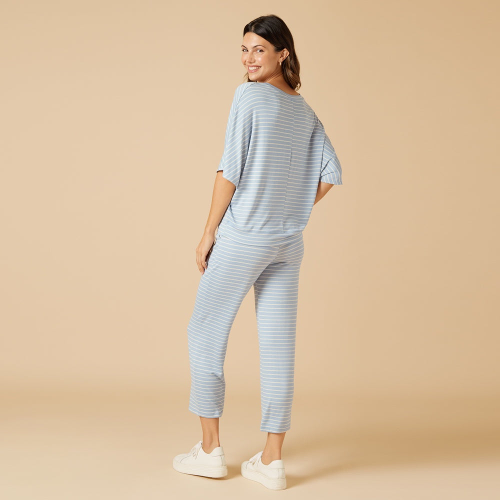 Softies - Sky Blue Striped, Dream Relaxed V-neck with Capri Lounge Set
