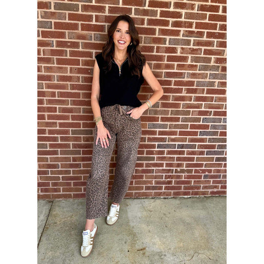 Risen - Slouchy, Crop Barrel Jeans w Drawstring Waistband 1711 - Brown Leopard