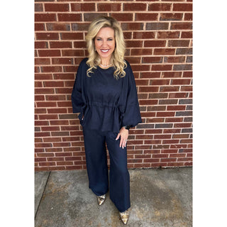 BYC - P. CILL, Washed Linen, Waist Tie Top & Wide Leg Pants Set 0139/0814 - Navy