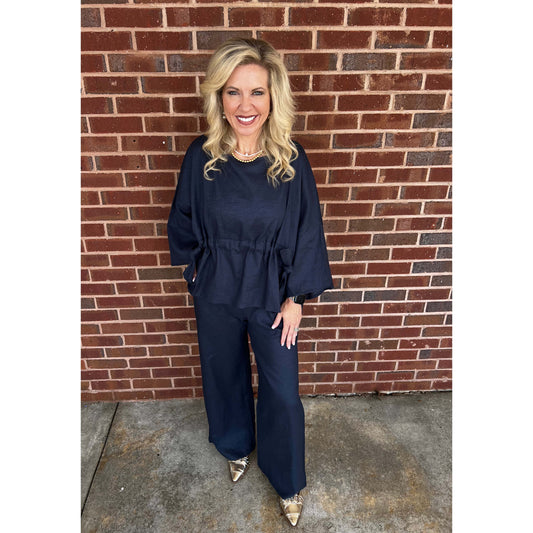 BYC - P. CILL, Washed Linen, Waist Tie Top & Wide Leg Pants Set 0139/0814 - Navy