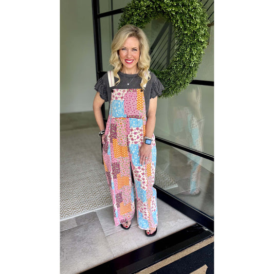 Easel - Patchwork Print, Mineral Washed, Wide leg Pants, Overalls 7722 - Cream