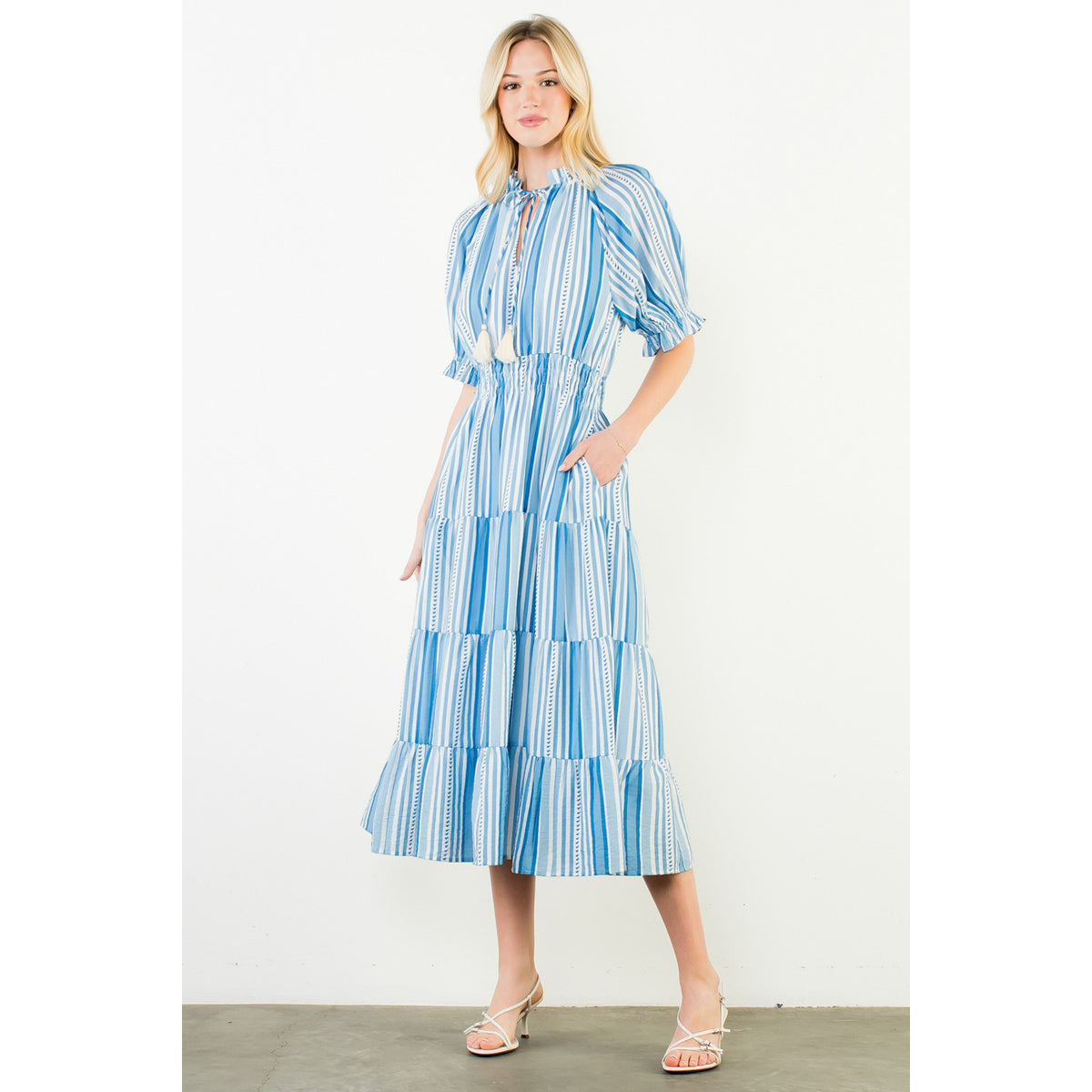 THML - Puff Sleeve, Striped Pattern, Midi Dress 3431 - Blue