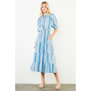 THML - Puff Sleeve, Striped Pattern, Midi Dress 3431 - Blue