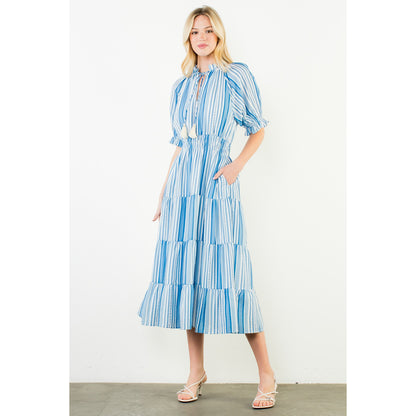 THML - Puff Sleeve, Striped Pattern, Midi Dress 3431 - Blue
