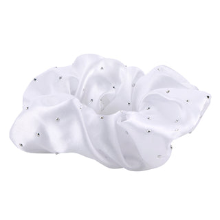 Bella -  Large Diamond Ornament Satin Rhinestone Scrunchie 0703 - White