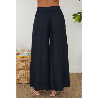 Milio Milano Wide Leg Palazzo Linen Pants with Pockets – Navy