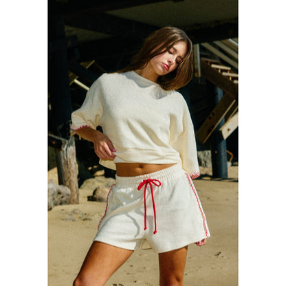 BL - Oversized Cropped Sweatshirt & Bow Tie Shorts Set 2917 - Cream/Red