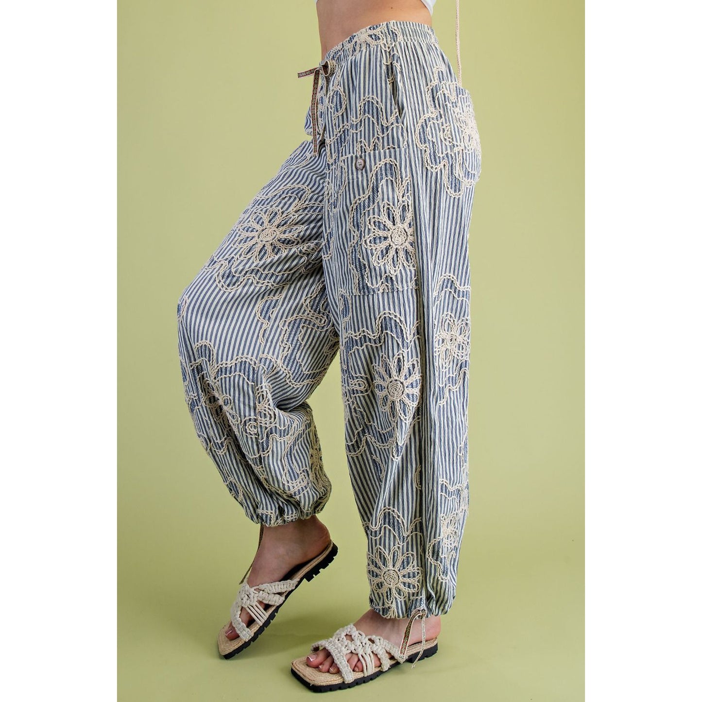Easel - Striped, Embroidered, Relax Fit Pants w Pockets 0018 - Denim Blue
