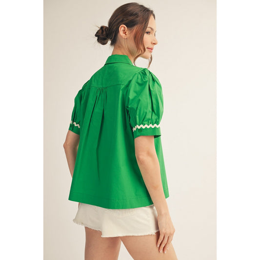 JL - Short Sleeve, Ric-Rac Trim Top 5364 - Kelly Green