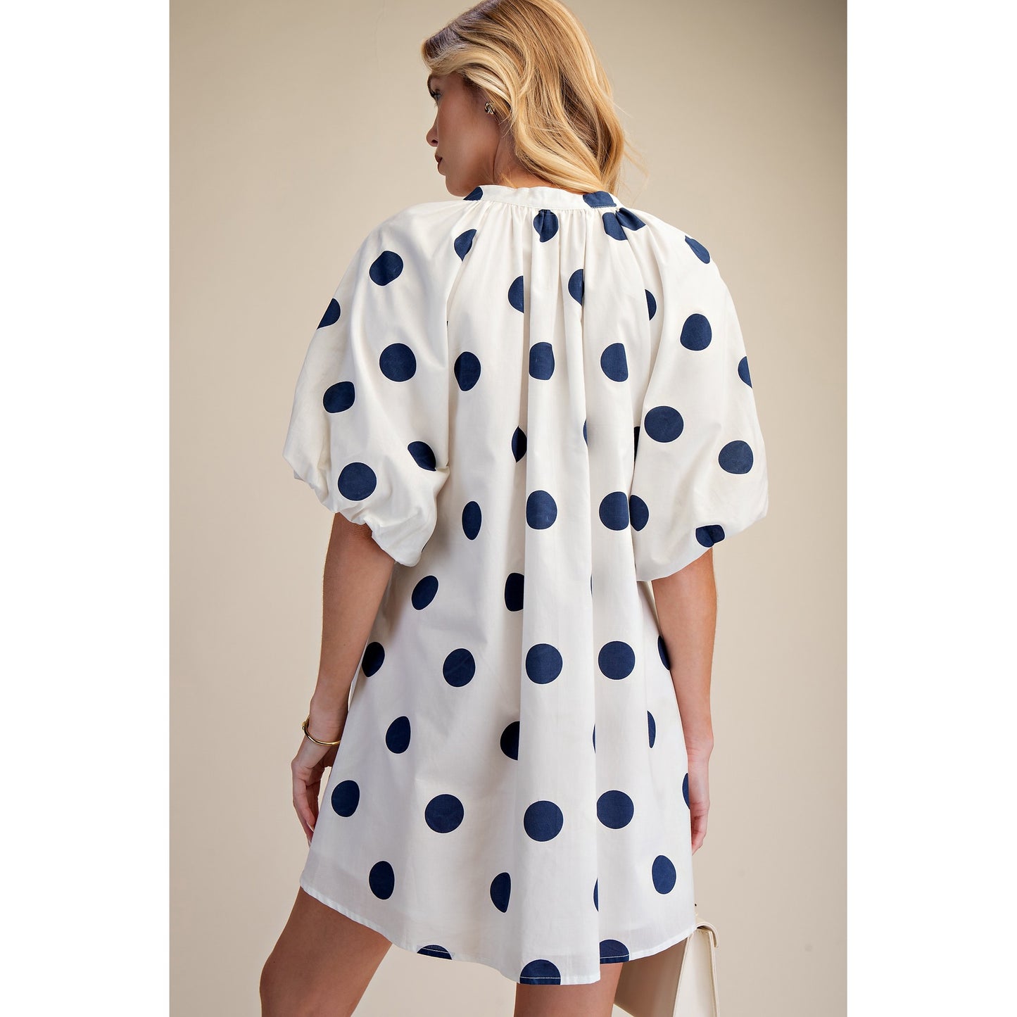 Polka Dot V-Neck Mini Dress – Cream & Navy Relaxed Fit Dress 8846