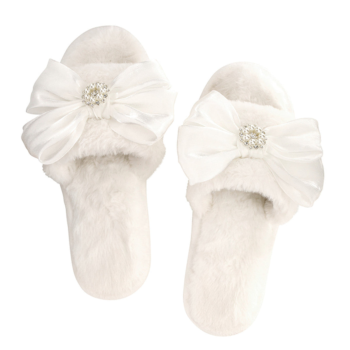 Bella -  Plush Slippers 0690 - White Crystal Bow
