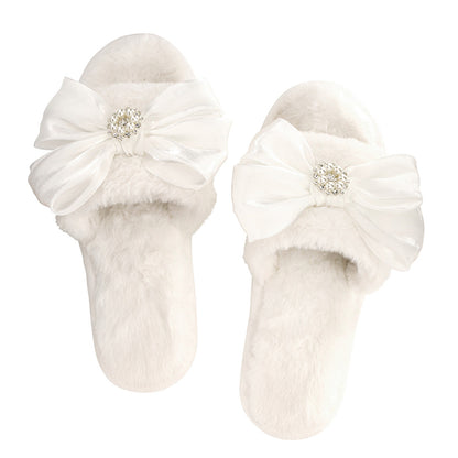 Bella -  Plush Slippers 0690 - White Crystal Bow