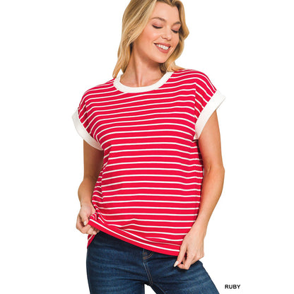 Zenana - Contrast Trim, Cap Sleeve Stripe Top 3534 - Ruby