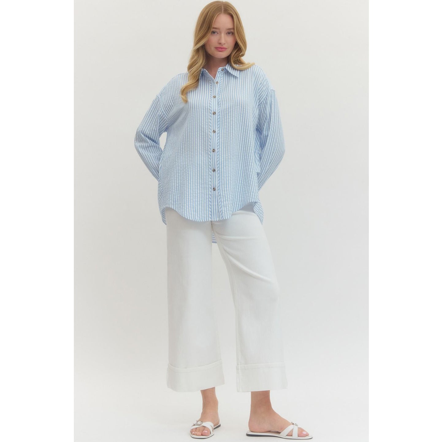 Entro - Striped, Long Sleeve, Button Down Top 7820 - Light Blue