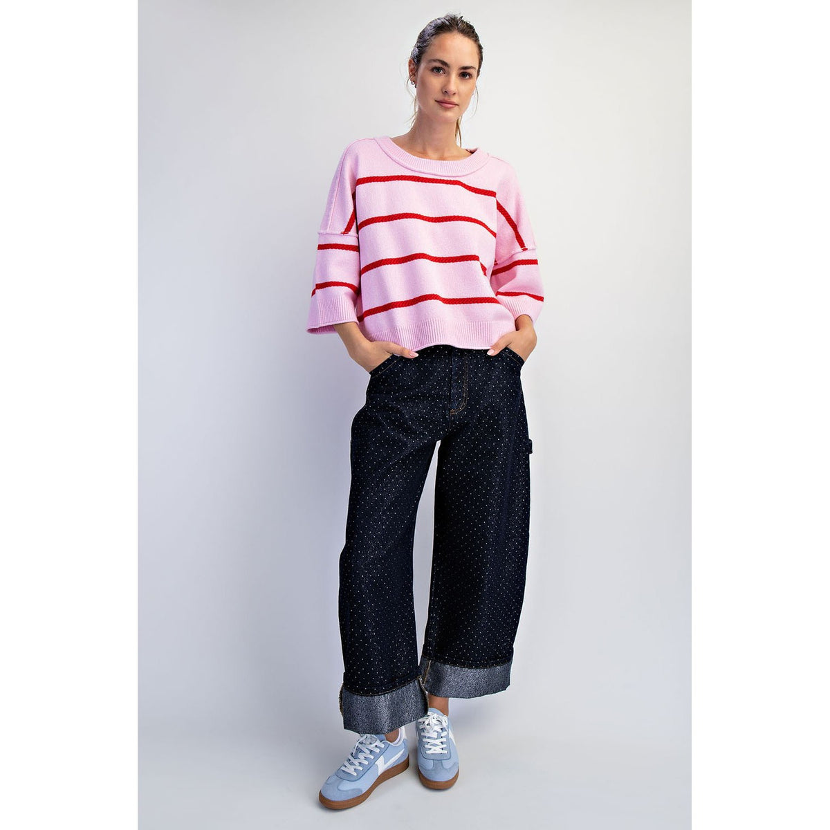 Softest Luxe Striped Crew Sweater Top 0107 - Taffy Pink/Red