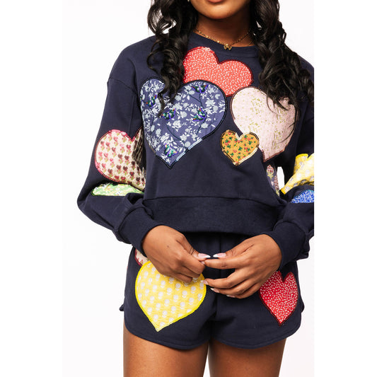 Queen of Sparkles -  Multi, Embroidered Hearts Sweatshirt 2559 - Navy - SALE