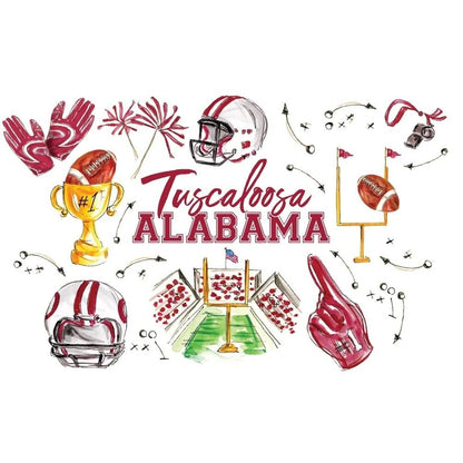 Watercolor-style Tuscaloosa Alabama football graphic with illustrated helmets, footballs, a trophy, a goal, a foam finger, fireworks, arrows, and the words 'Tuscaloosa ALABAMA' on a white background.