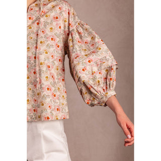 BYC - Printed, Cotton, Peasant Blouse w Knotted String, Top 1102 - Cream