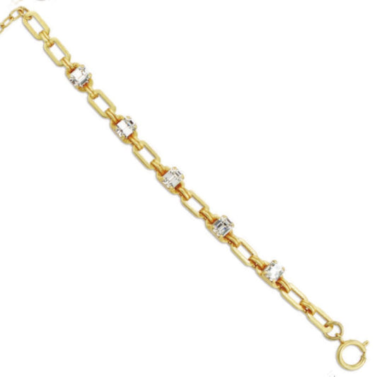 Catherine Popesco - Emerald Cut, Clear Crystal Gold Link Bracelet 1824