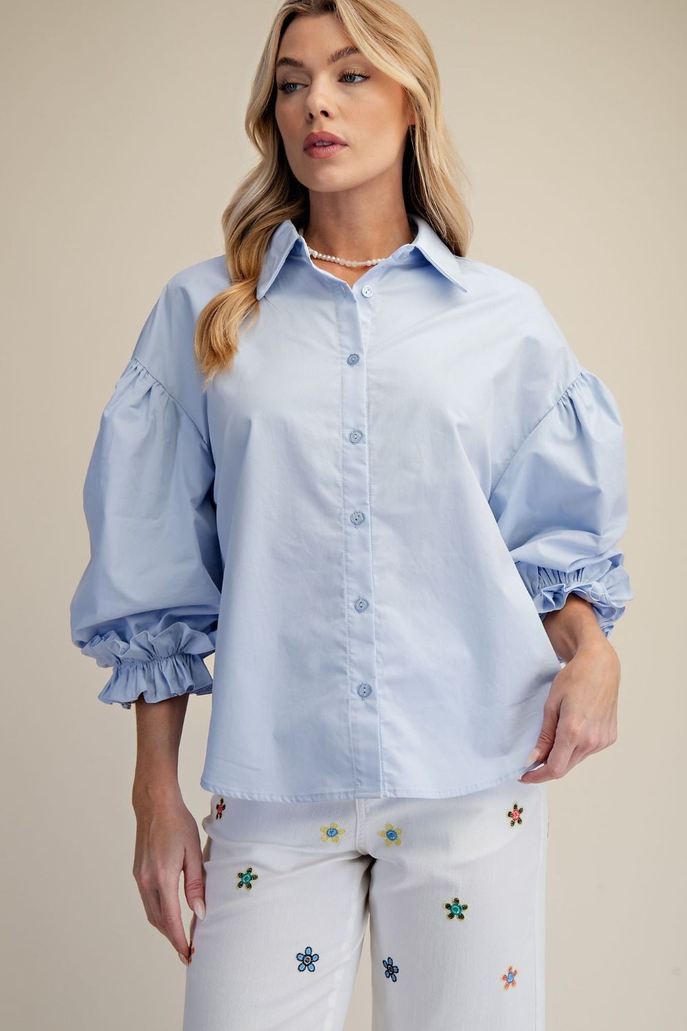 Easel 3/4 Sleeve Balloon Sleeve Poplin Button Down Top – Cotton Blue