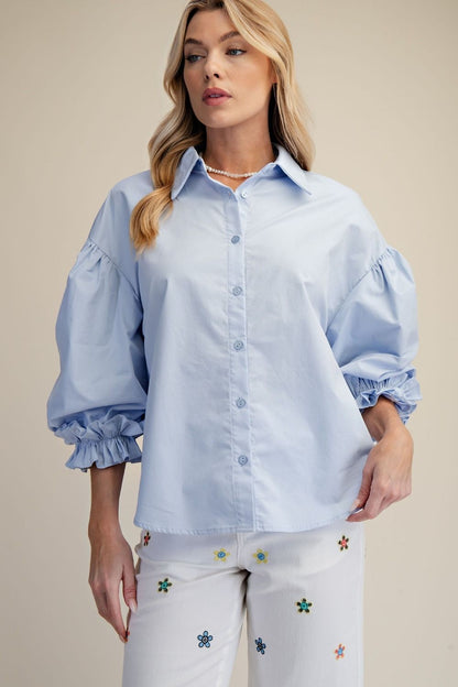 Easel 3/4 Sleeve Balloon Sleeve Poplin Button Down Top – Cotton Blue