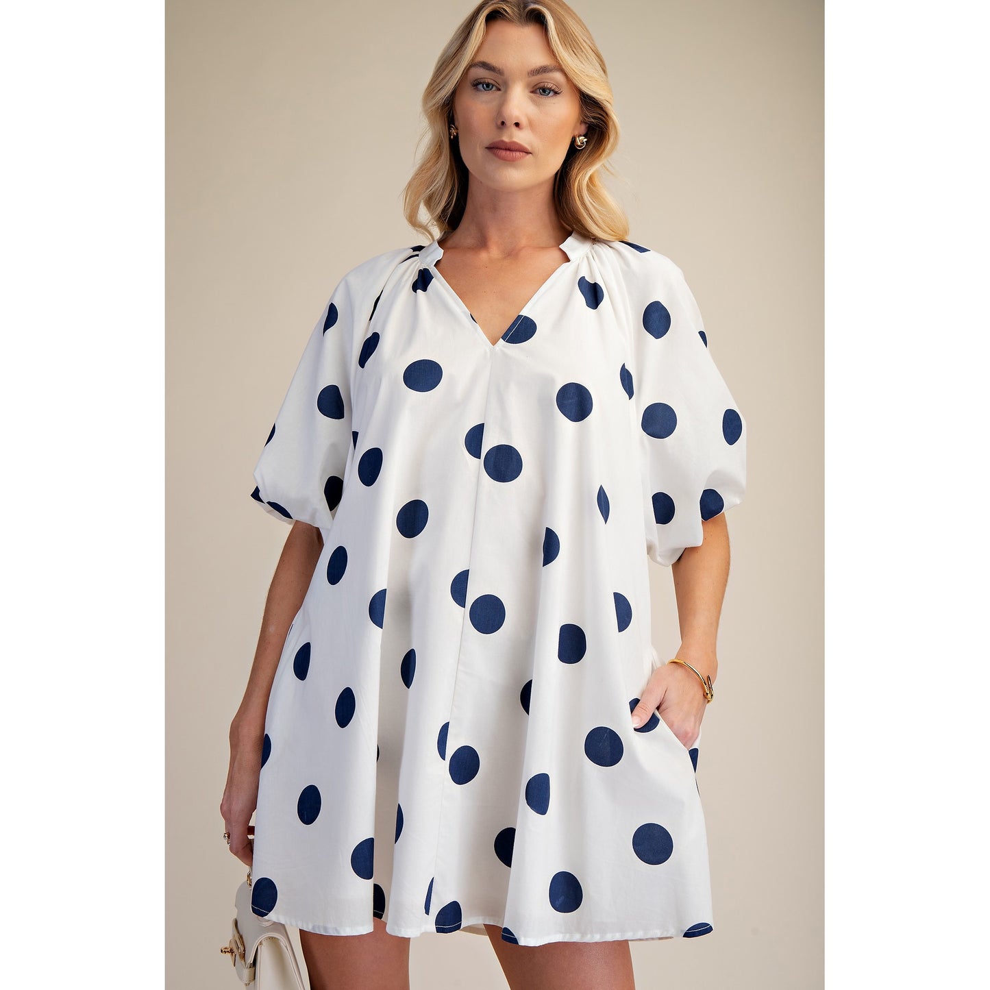 Polka Dot V-Neck Mini Dress – Cream & Navy Relaxed Fit Dress 8846