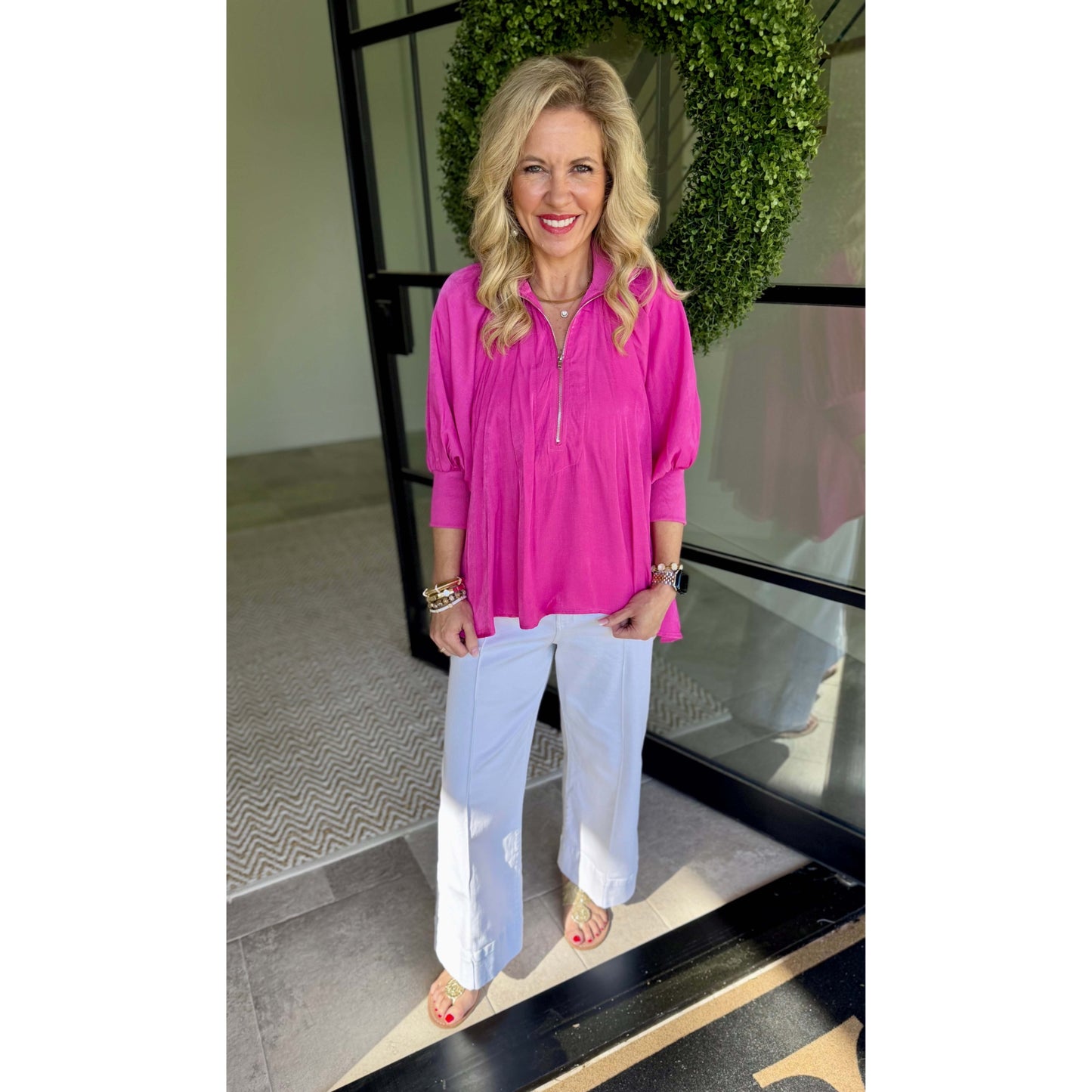 Hot Pink Half Zip Blouse – Mock Neck Puff Sleeve Top - 8080*