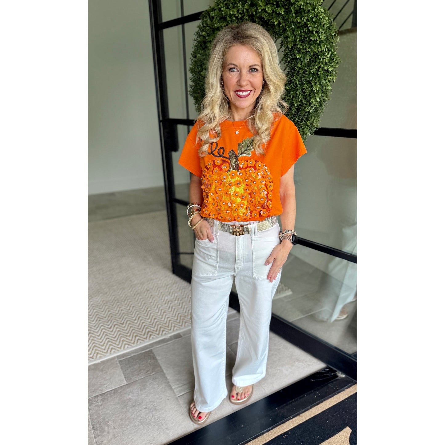 Queen of Sparkles Orange Sequin Flower Pumpkin T-Shirt