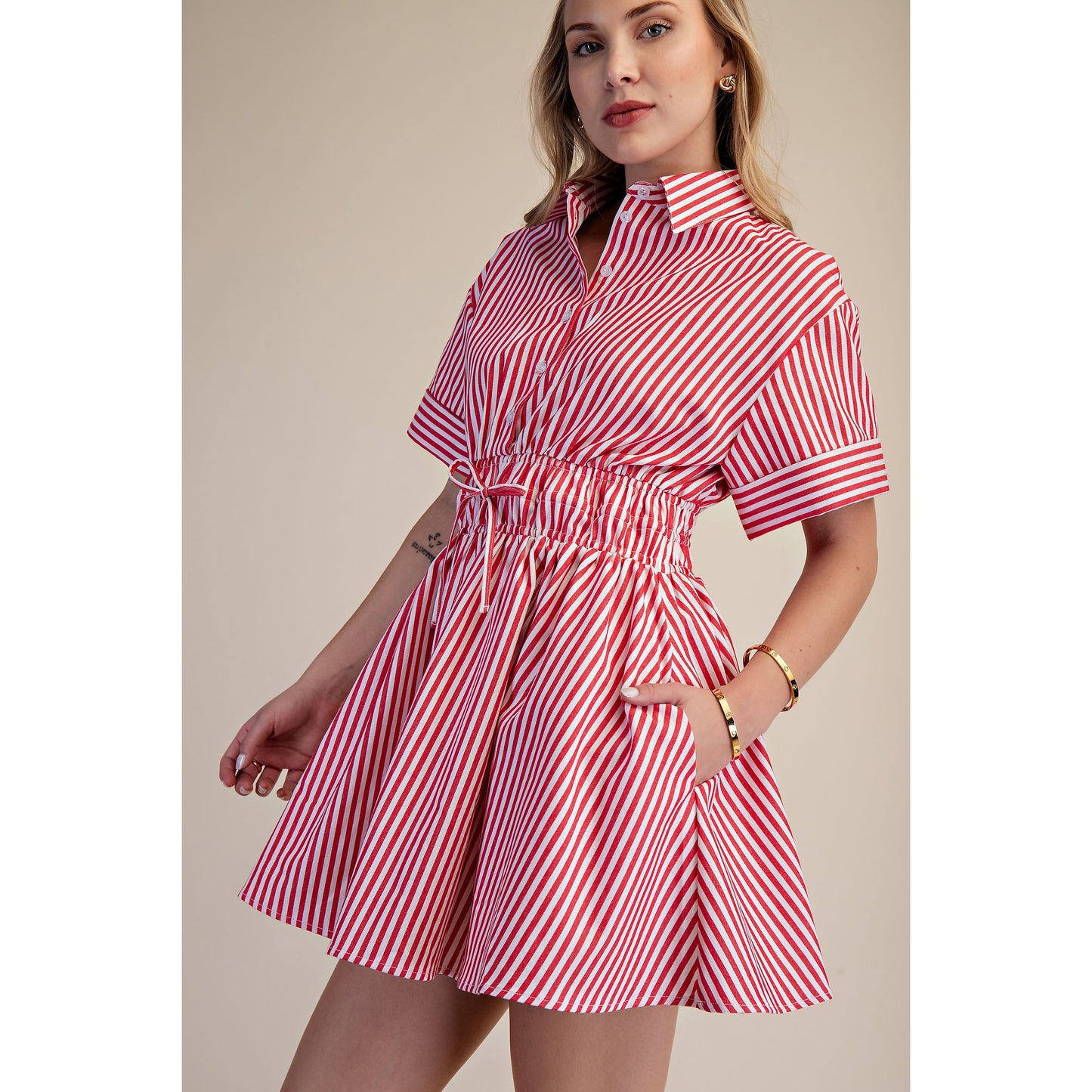 Red & White Stripe Shirt Dress – Cinched Waist Button Front Mini Dress 9648