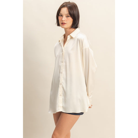 DZ - Long Sleeve Oversized Satin Shirt Top 072 - Whip Cream
