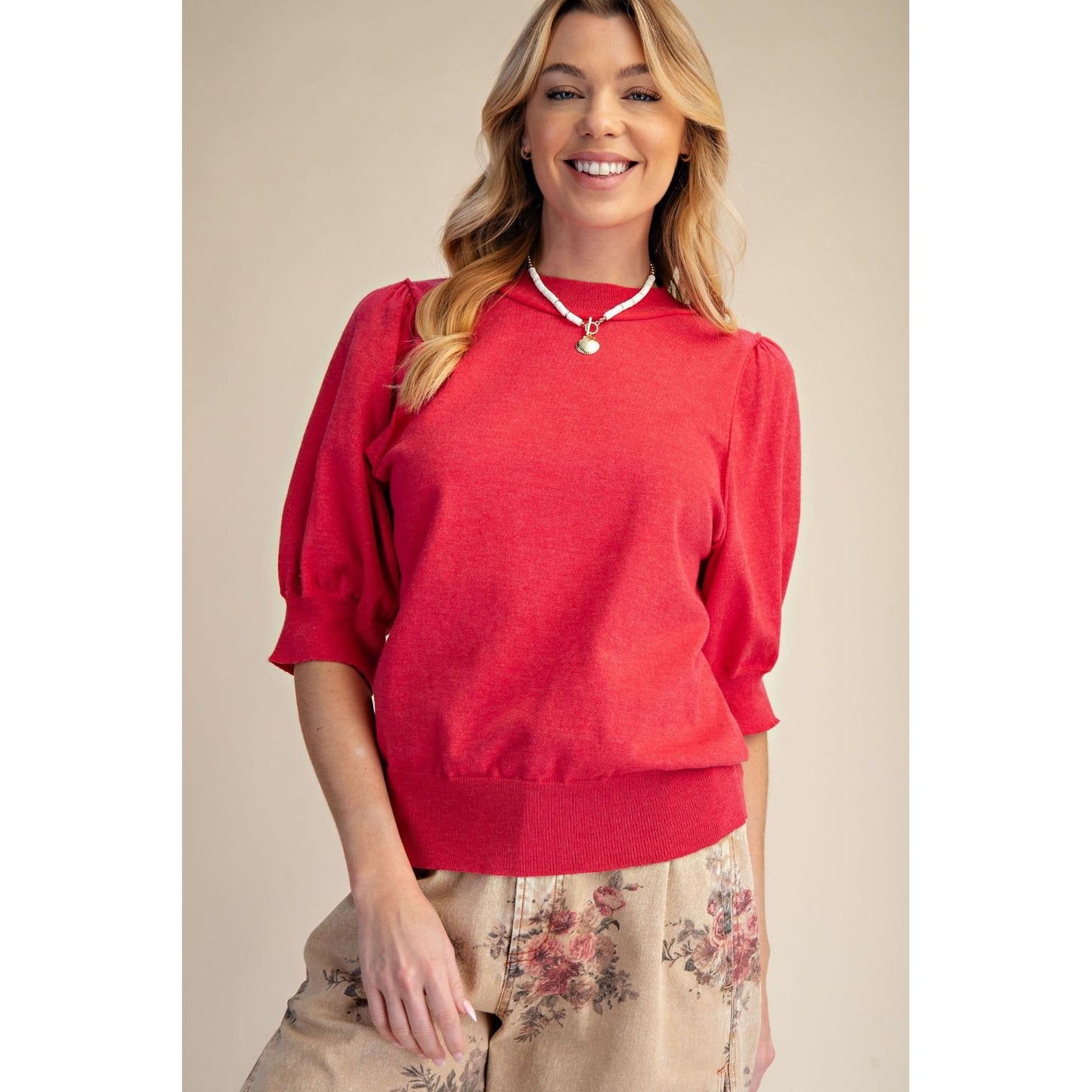 Short Puff Sleeve Knit Sweater Top 9799 - Red