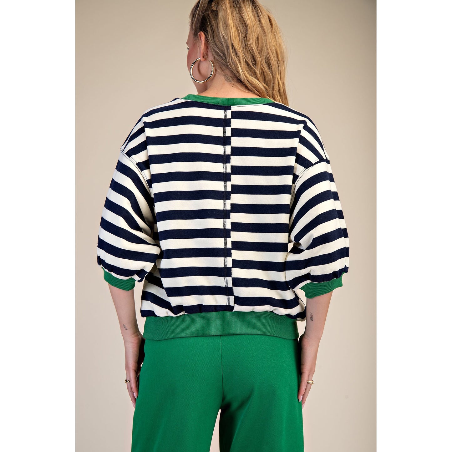 Navy Stripe Knit Top – Green Trim Short Sleeve Sweater - 9528