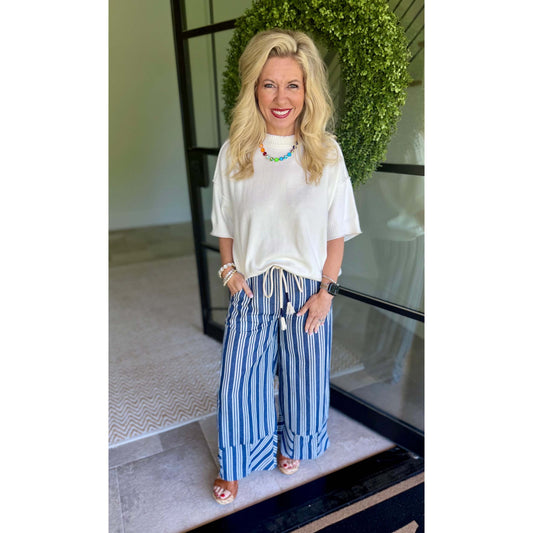 Blueberry Stripe Linen Washed Palazzo Pants 0246