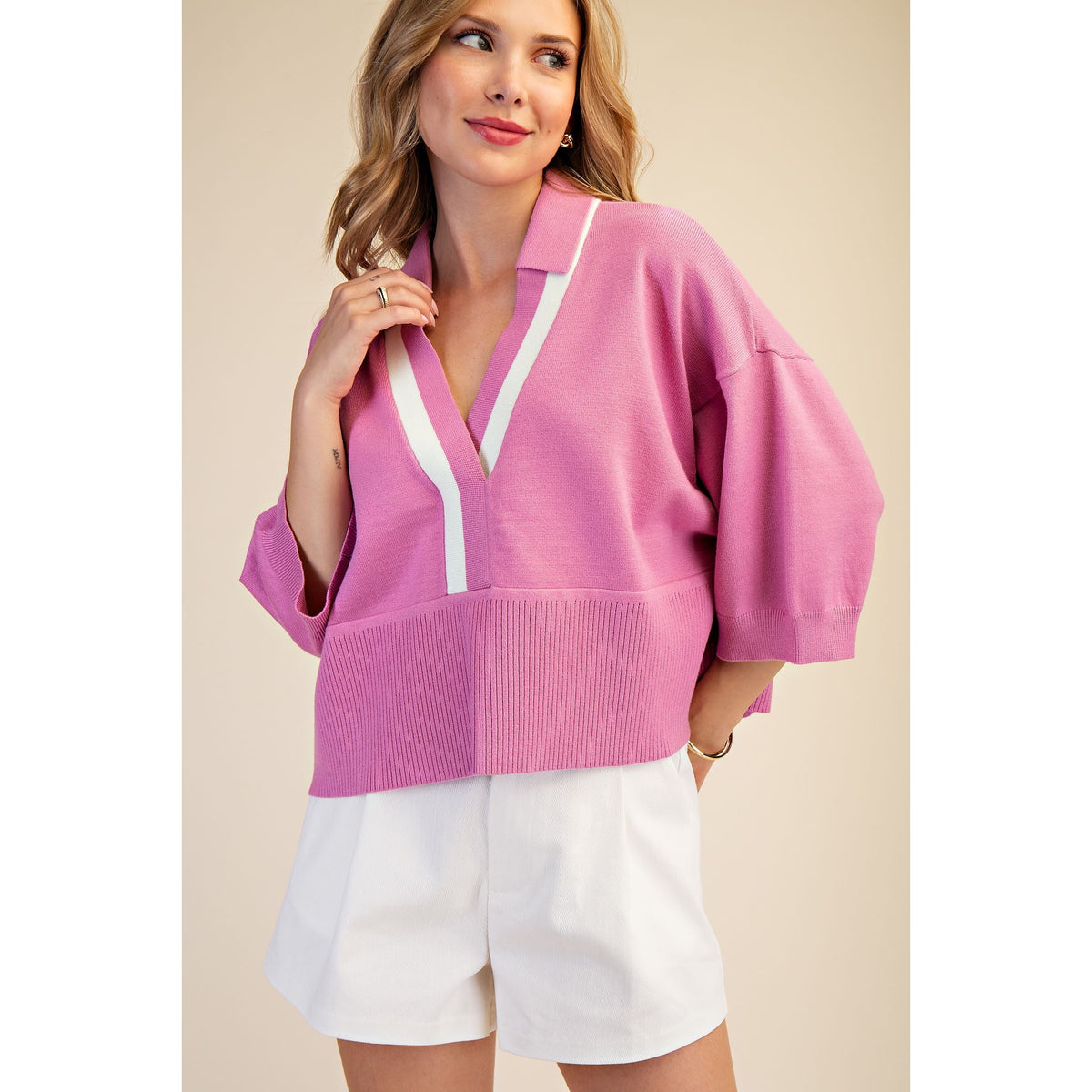Pink Contrast Trim Sweater – Loose Fit V-Neck Knit Top - 9684