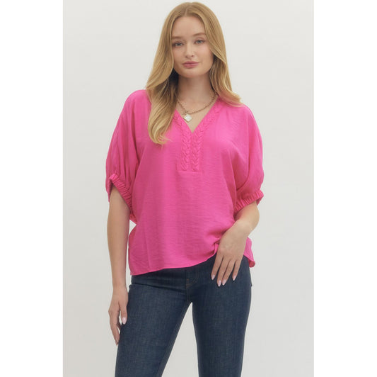 ENTRO -  V-Neck, Dolman Top w Trenza Detail 6938 - Pink