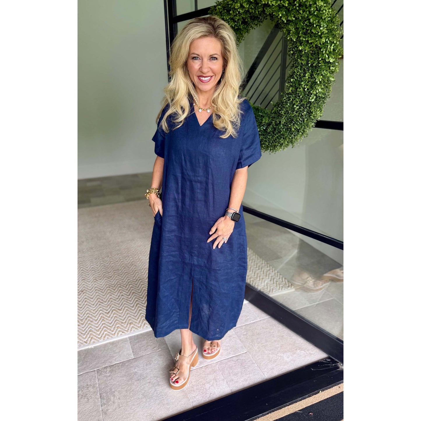 Before You Collection - Linen V-Neck Front Slit Dress – Navy -