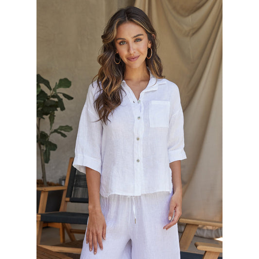 Milio Milano - Linen, ¾ Sleeve, Button Down Shirt Top 4051 - White