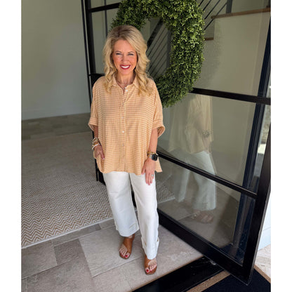 Easel - Textured, Linen, Half Sleeve Button Down Top 9003 - Mustard