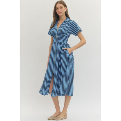 Entro - Striped, Short Sleeve, Midi Dress w Smocked Waist Detail 0282 - Navy