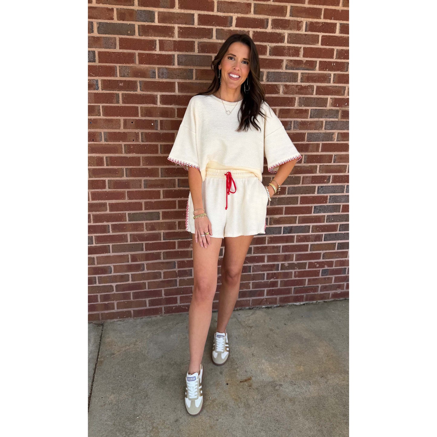 BL - Oversized Cropped Sweatshirt & Bow Tie Shorts Set 2917 - Cream/Red