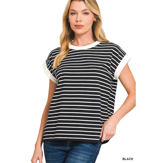 Zenana - Contrast Trim, Cap Sleeve Stripe Top 3534 - Black