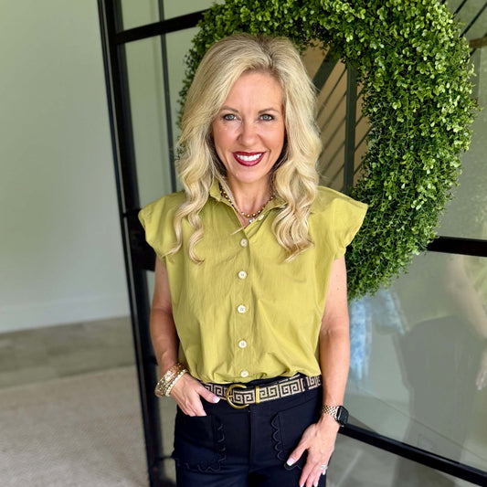Karlie Solid Poplin Bubble Sleeve Button Top – Citrine