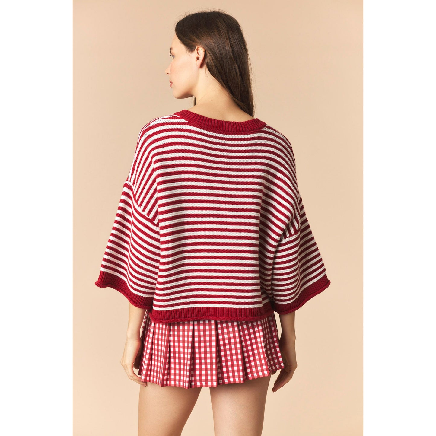 Striped Half Sleeve Oversize Cardigan - Crimson / Off White