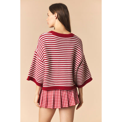 Striped Half Sleeve Oversize Cardigan - Crimson / Off White