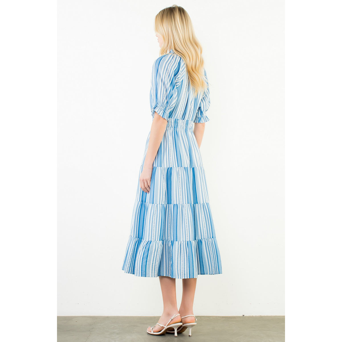 THML - Puff Sleeve, Striped Pattern, Midi Dress 3431 - Blue