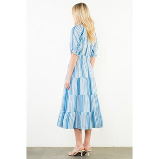 THML - Puff Sleeve, Striped Pattern, Midi Dress 3431 - Blue