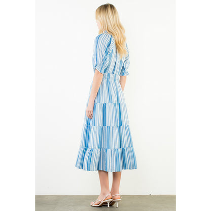 THML - Puff Sleeve, Striped Pattern, Midi Dress 3431 - Blue