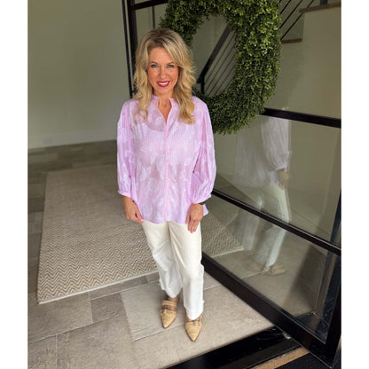 Easel - Striped, Floral Textured, ¾ Bubble Sleeve Top 1919 - Pink